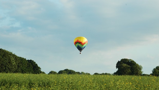 Bunter Heißluftballon über einer Wiese vor blauem Himmel