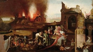 Bosch, brennende Häuser, Menschen vor Ruinen