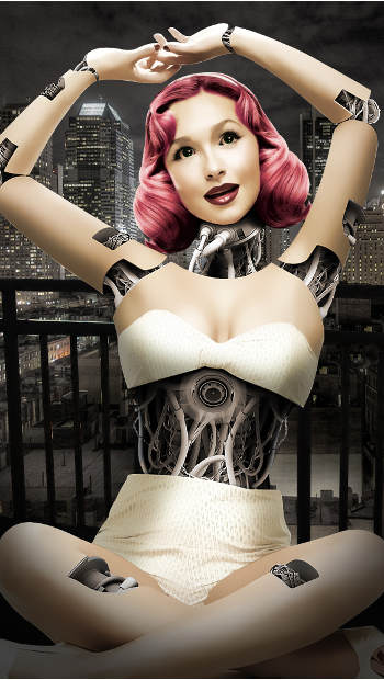 Cyborg-Frau mit pinken Haaren