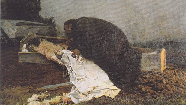Mann beugt sich über tote Frau, Gemälde