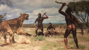 Frühmenschen jagen mit Speeren Tiger