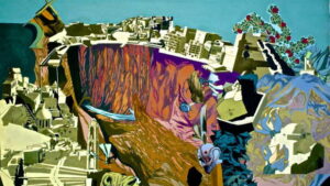 Surreales Gemälde von Häusern rund um steile Abbruchkante