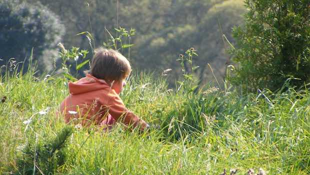 Junge sitzt im Gras orange Jacke an