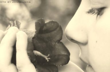 Kind riecht an Blume auf der Hand