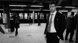 Mann steht im U-Bahnhof