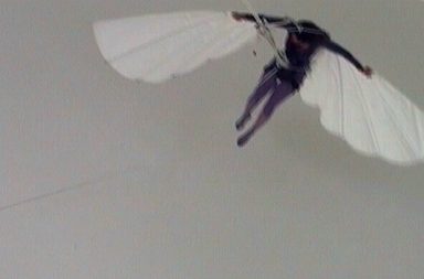 Menschen mit selbstgebastelten Flügeln