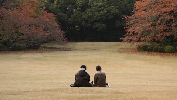 Rückansicht eines Paares auf einer Wiese mit Blick auf die Bäume