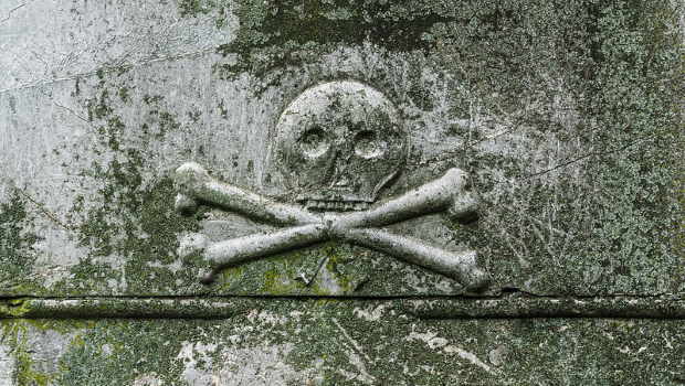 Totenkopf mit gekreuzten Knochen auf Grabstein