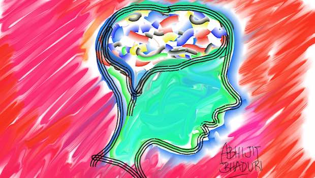 Zeichnung von Kopf mit einem bunten Gehirn vor rotem Hintergrund